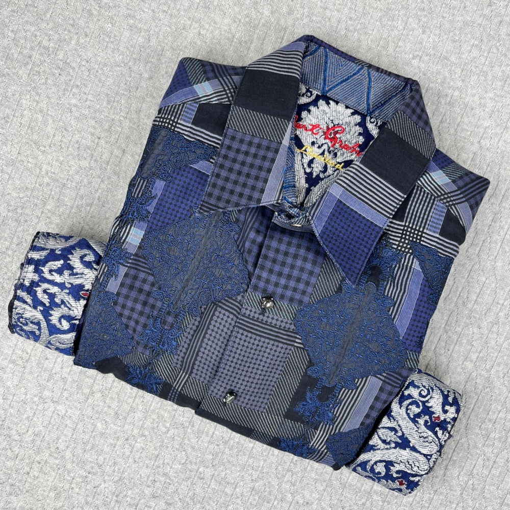 Robert Graham Limited‎ Edition Button Up Men S Blue Patchwork Check Embroidered